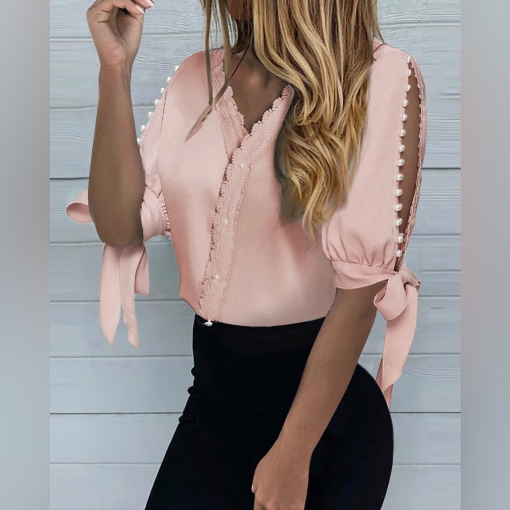 Beaded Split Knot Cuff Trim V-Neck Top